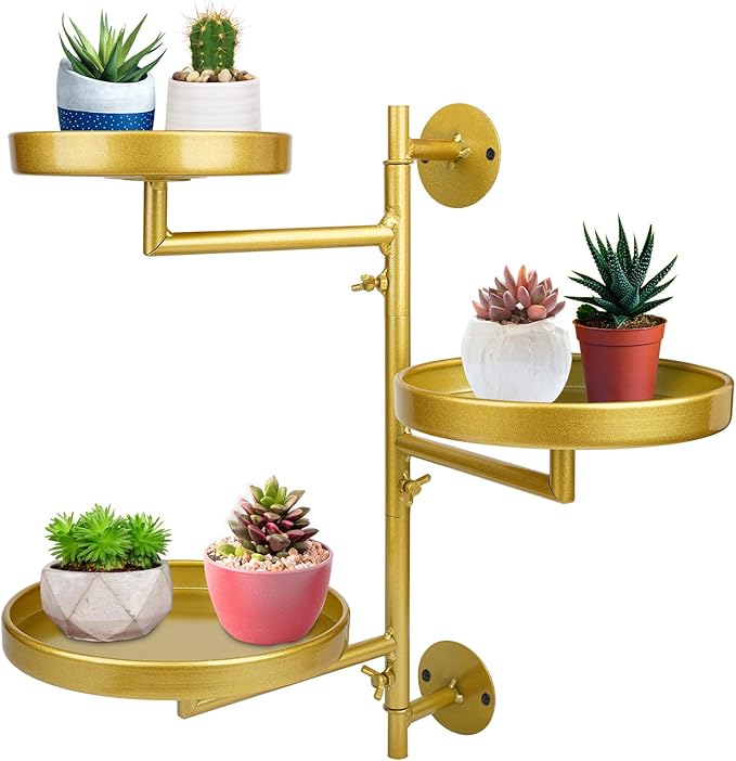 Rotating Window Plant Shelves with Adjustable Knobs, 3 Tiers Metal Wall Shelf for Plants Indoor, Sturdy Hanging Plant Holder, Window Wall Decor & Gardening Gifts (Golden)