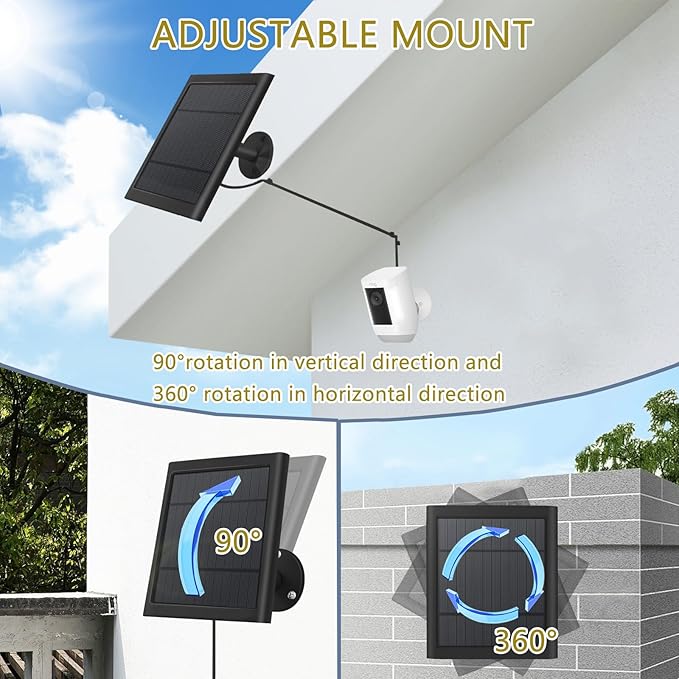 2 Pack - Solar Panel for Ring Security Camera Spotlight Cam Plus/Pro(Battery) Stick Up Cam/Pro Wireless Outdoor with 10FT/3M Long Cable Dustproof Waterproof BK