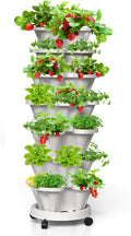 Strawberry Vertical Planter Tower Garden, 7 Tiered Stackable Planter Herb Garden Planter with Movable Casters and Bottom Saucer Indoor and Outdoor - White