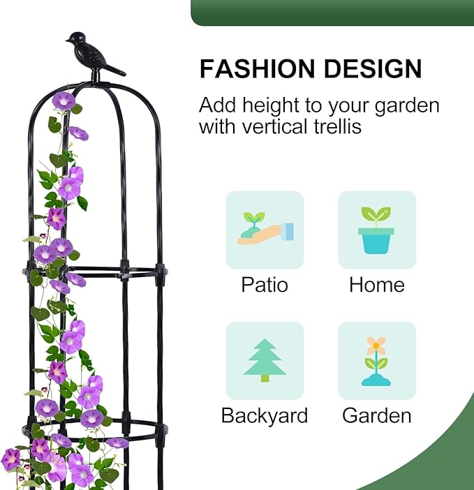 Lalahoni Garden Obelisk Trellis for Climbing Plants Outdoor, 6ft Round Rose Trellis for Pots, Metal Plant Support for Clematis, Jasmine, Ivy, Decorative Outdoor Trellis, Black, 1Pack