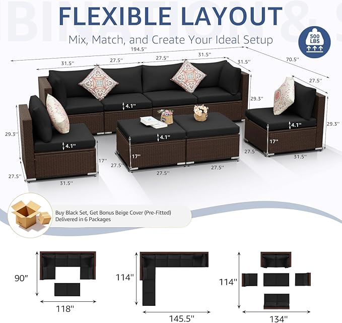 NICESOUL 8 Seater Modern Outdoor Seating Group, Plus Size Big Wicker Patio Modular Sectional with Ottoman, 29.3'' High Back Comfy Conversation Sets for Outside, Brown Rattan and Black Cushion
