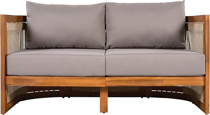 Merax 4-Piece Patio Premium Acacia Wood Outdoor Furniture Set,All Weather Curved Tub Design with Woven Rope Accents Loveseat Chairs and Table for Backyard, Balcony and Deck,Teak+Grey
