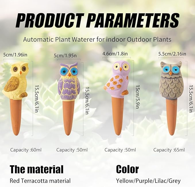 4 Pack Handmade Terracotta Owl Watering Spikes and Globes, Self-Watering Plant Devices with Slow Release System for Continuous Moisture, Perfect Water Bulbs for Indoor and Outdoor Plants Vacation Use