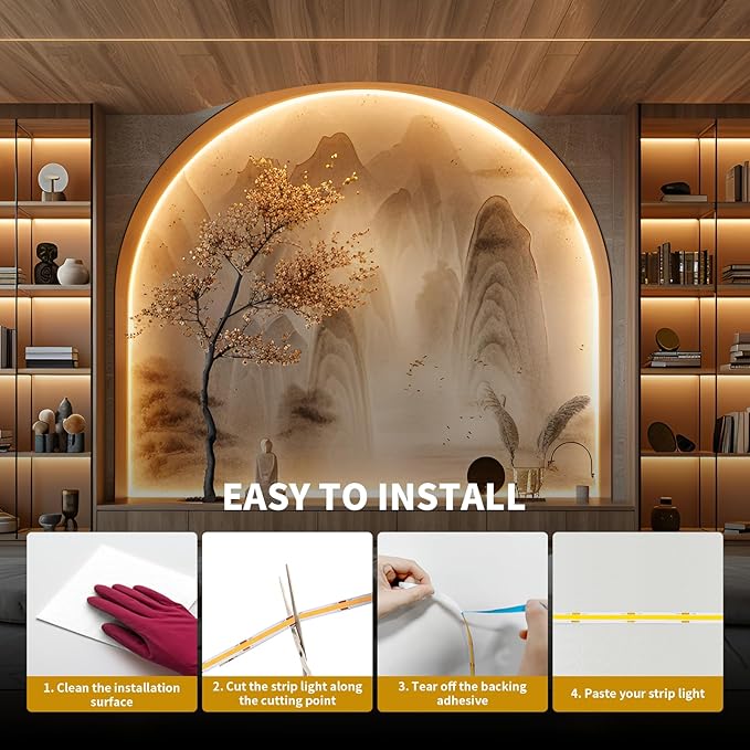 COB LED Strip Light 40ft/12m (1 Roll) Warm White 3000K High Lumen CRI 90+ with UL Listed Power Adapter Remote for Bedroom Counter Under Cabinet Kitchen Projects