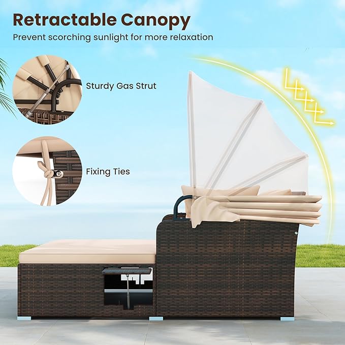 Tangkula Patio Rattan Daybed with Retractable Canopy, Outdoor Wicker Sunbed with 2 Foldable Side Tables, Thick Seat & Back Cushions, Outside Double Daybed for Garden, Backyard, Porch, Beige & Brown