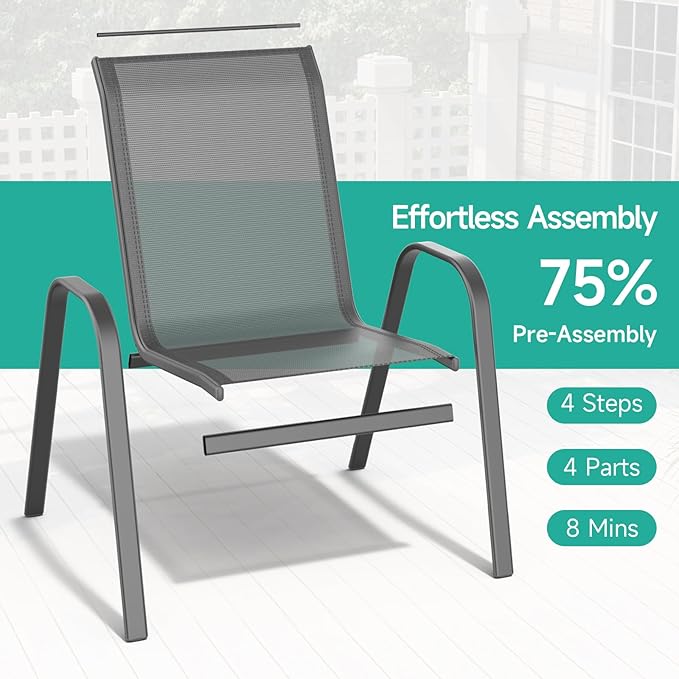 Patio Chairs Set of 2, All Weather Breathable Stackable Outdoor Dining Chairs with High Back and Wide Seat, Easily Set Up Outdoor Chairs Set of 2 with Metal Frame for Backyard Garden Pool, Grey