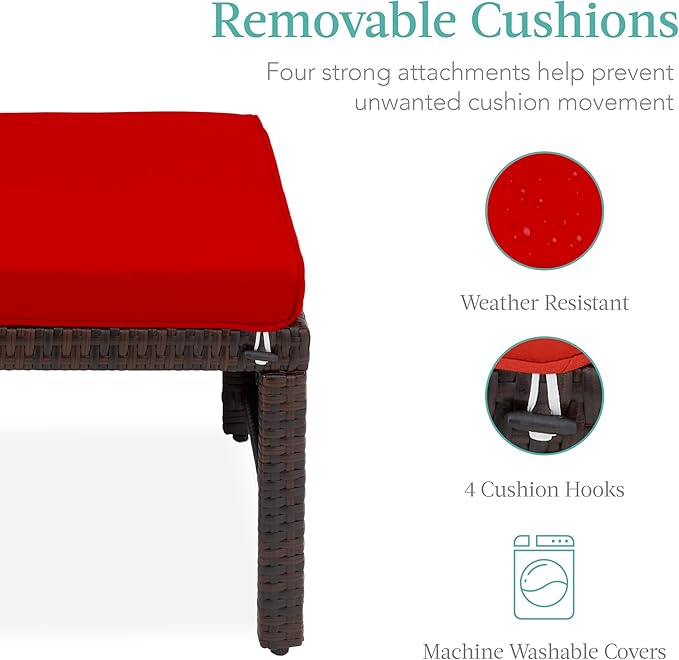 Best Choice Products Set of 2 Wicker Ottomans, Multipurpose Outdoor Furniture for Patio, Backyard, Additional Seating, Footrest, Side Table w/Removable Cushions, Steel Frame - Brown/Red