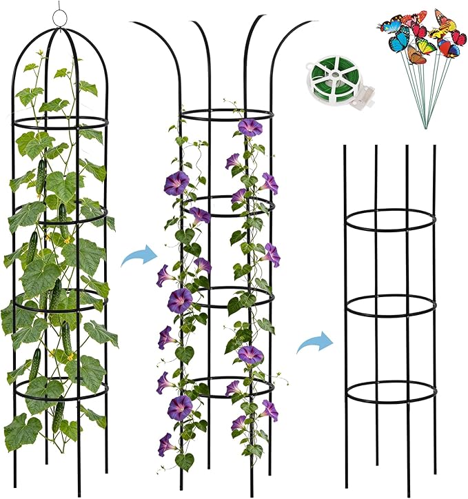 100% Metal 6.6ft Obelisk Trellis for Climbing Plants Outdoor 2PK, Garden Tower Trellis for Potted Plants Indoor with Twist Tie and Butterflies, Plant Support for Clematis Tomato Cucumber