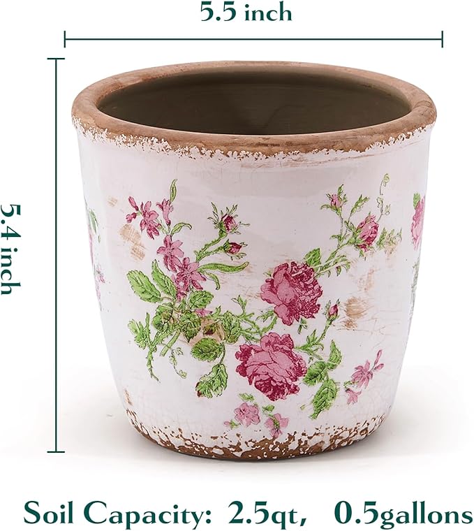 Vintage Ceramic Planter with Drainage Hole, Plastic Tray & Mesh, 5.5 Inch - Indoor/Outdoor Flower Pot, Pink Floral Rustic Farmhouse Design Plant pot for Home, Office & Garden Décor, Ideal Gift