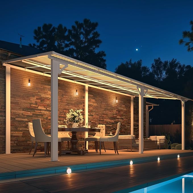 AECOJOY 20' x 8' White Outdoor Gazebo for Patio, Large Wall-Mounted Hard Top 8x20 Lean to Metal Gazebo Shelter Pergolas and Gazebos Clearance with Patio Roof, Heavy Duty Awnings for Patio, Decks