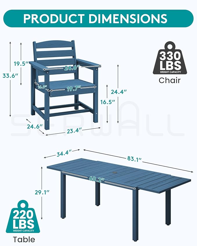 SERWALL Outdoor Expandable Dining Table 60" - 83", Patio Dining Table for 4-10 People, All Weather HDPE and Aluminum Outdoor Furniture for Backyard, Garden, Blue