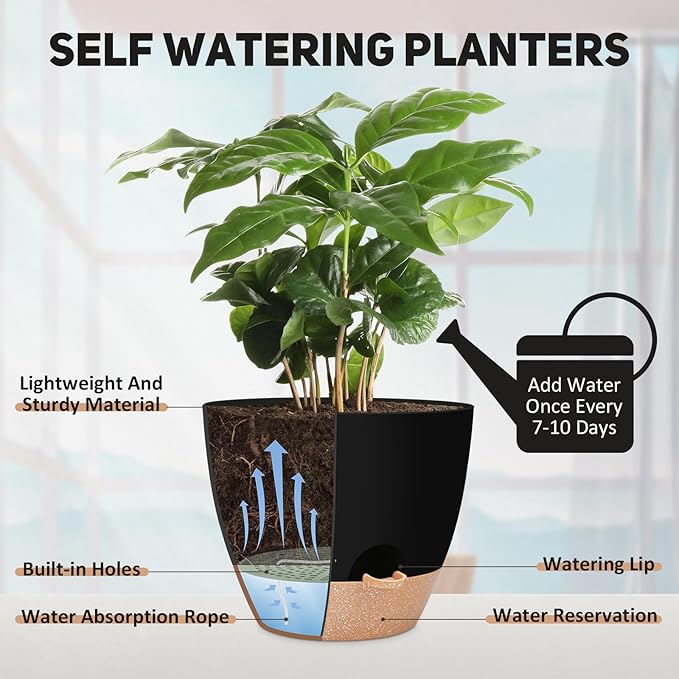 12 inch Large Self Watering Plant Pots, Flower Pots Planters with Multi Mesh Drainage Holes for Indoor Outdoor Garden Plants and Flowers.（Black）