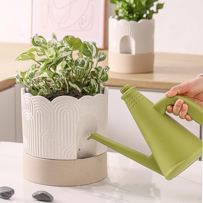 Nihow Self Watering Plant Pot for Indoor Plants with Wick: 8 Inch Ceramic Planter with Drainage Hole & Water Storage - Relief Design - Beige & Nature Flower Pot
