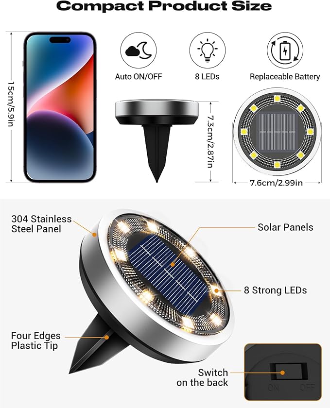 btfarm 24 Pack Solar Lights Outdoor, 8 LED Solar Ground Lights IP65 Waterproof Flat Solar Disc Light, Pathway Lights for Garden Lawn Patio Yard Path Landscape, Warm White