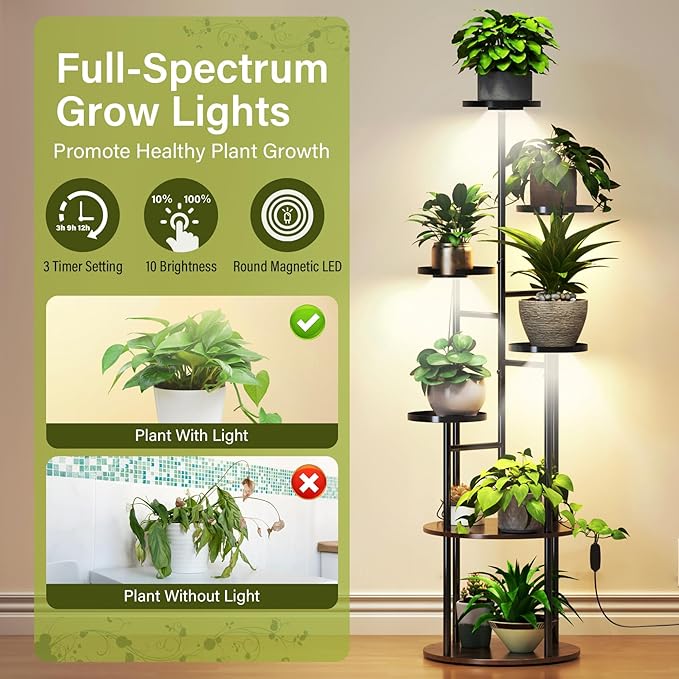 TC-HOMENY Plant Stand Indoor with Grow Lights, 7 Tiered Metal Plant Shelf, 55" Tall Plant Stand for Indoor Plants Multiple, Large Plant Rack Display Shelves, Corner Plant Holder for Living Room, Patio