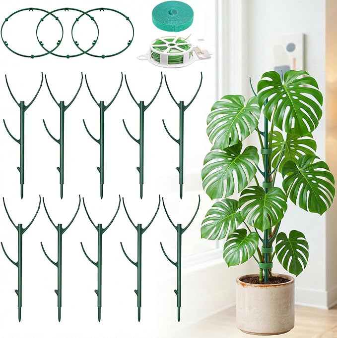 10-Pack Monstera Plant Support Stakes - Stackable Sticks for Indoor Plants up to 25" - Outdoor Garden Poles & Trellis with Tape & Twist Tie for Climbing Vines