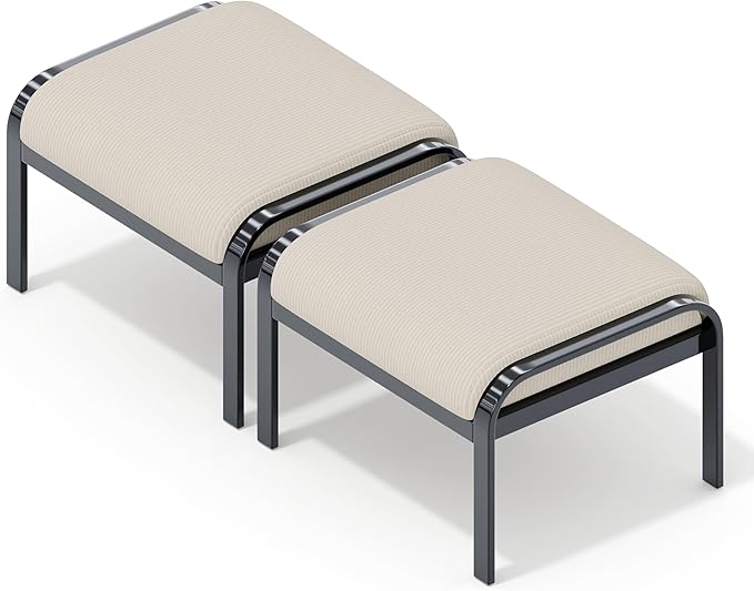HOMREST Metal Outdoor Ottoman, 3-Piece Aluminum Footstool w/Removable Cushion, Multipurpose Footrest Stool with Coffee Side Table Additional Seating, Set of 3 Outdoor Ottomans for Patio Deck (Beige)