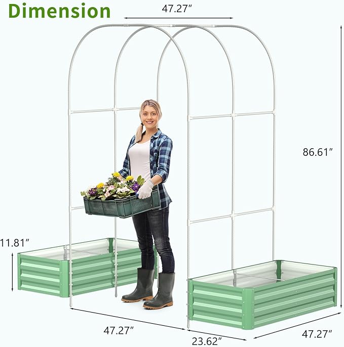 DoCred 3 in 1 Raised Garden Bed with 87in Tall Arch Trellis for Climbing Plants, Galvanized Planter Garden Box Outdoor for Gardening, Climbing Vegetables, Flower, Green