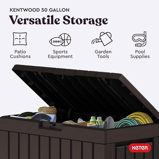 Keter Kentwood 50 Gallon Resin Deck Box for Outdoor Storage – Weather‑Resistant Balcony & Patio Box for Cushions, Throw Pillows & Garden Tools, Brown