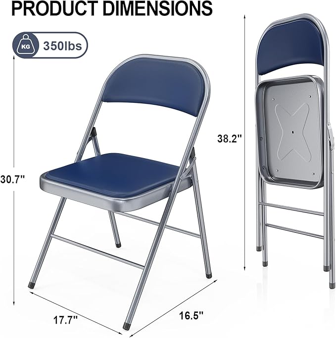 VINGLI 6 Pack Folding Chairs with Padded Seats, Metal Frame with Pu Leather Seat & Back, Capacity 350 lbs, Blue