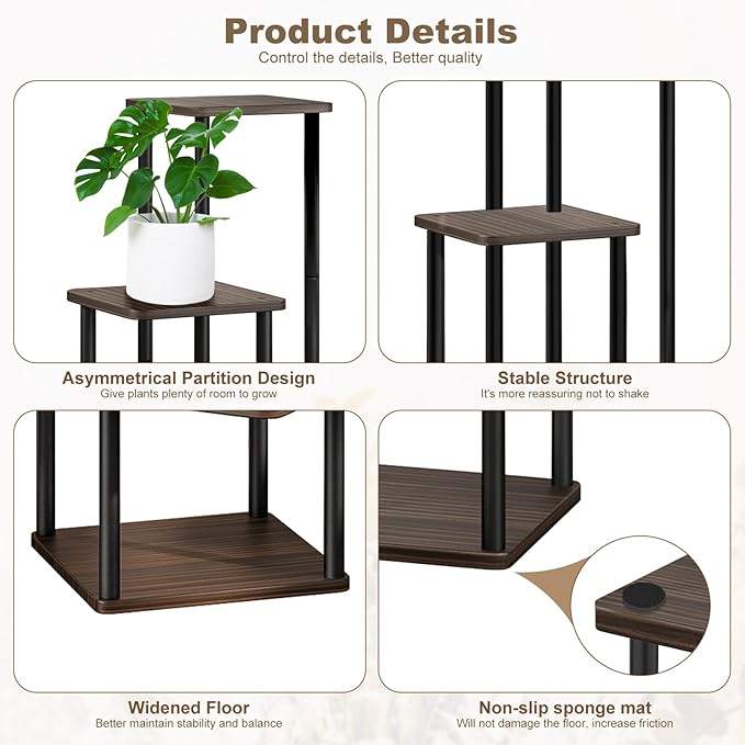 4 Tier Plant Stand Indoor, Thickened Metal Wood Corner Plant Shelf Stands for Multiple Plants, Indoor Tall Plants Stand Tiered Flower Holder for Living Room Patio Garden Balcony(Black+Oak)