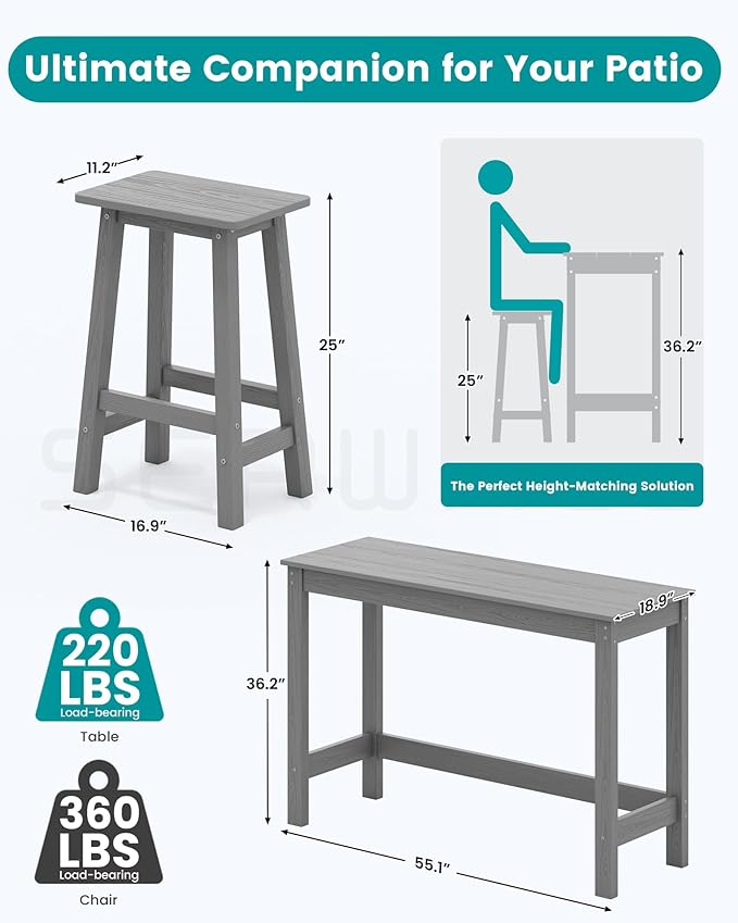 SERWALL 3-Piece Outdoor Bar Set, Rectangular All Weather HDPE Bar Height Patio Set, Outdoor High Top Table and Stools for for Outside, Poolside, Backyard, Garden, Grey