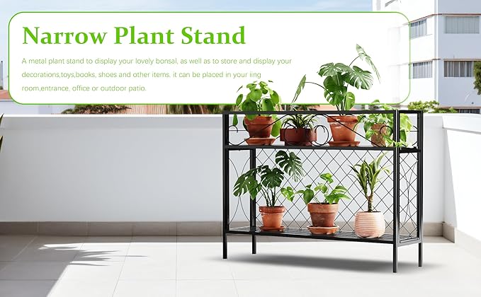 Zhongma 2 Tier Metal Sturdy Narrow Plant Stand, 47.24L x 12.6 W x 35.43 H inch, Indoor and Outdoor Heavy Duty Metal Plant shelf for Small Spaces 440 LBS Capacity