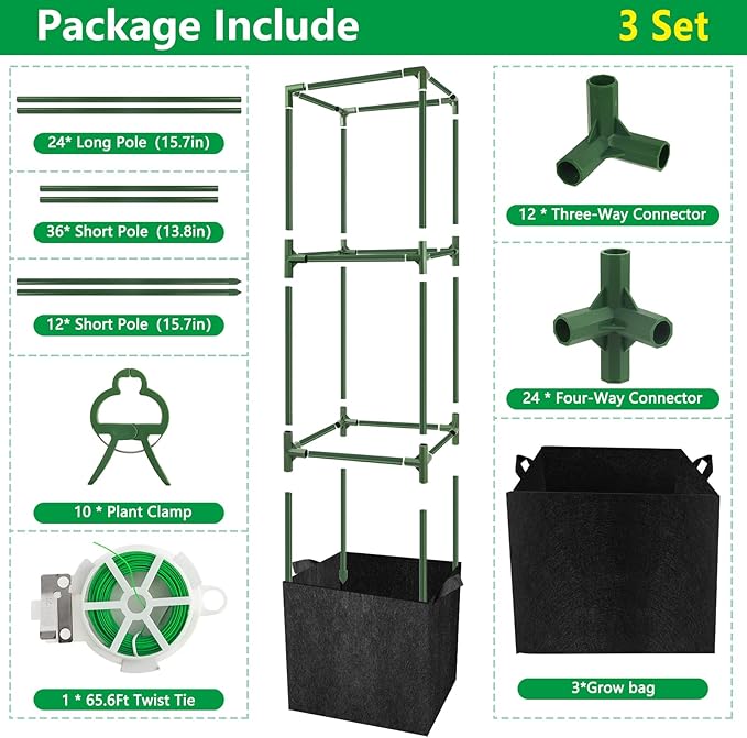 3 Set Square Tomato Cages with 18 Gallon Grow Bags, 49'' Tall Heavy Duty Steel Tomato Trellis Kit for Garden, Plant Support Tower Stakes Cucumber Pepper Trellis for Climbing Vegetable Flowers