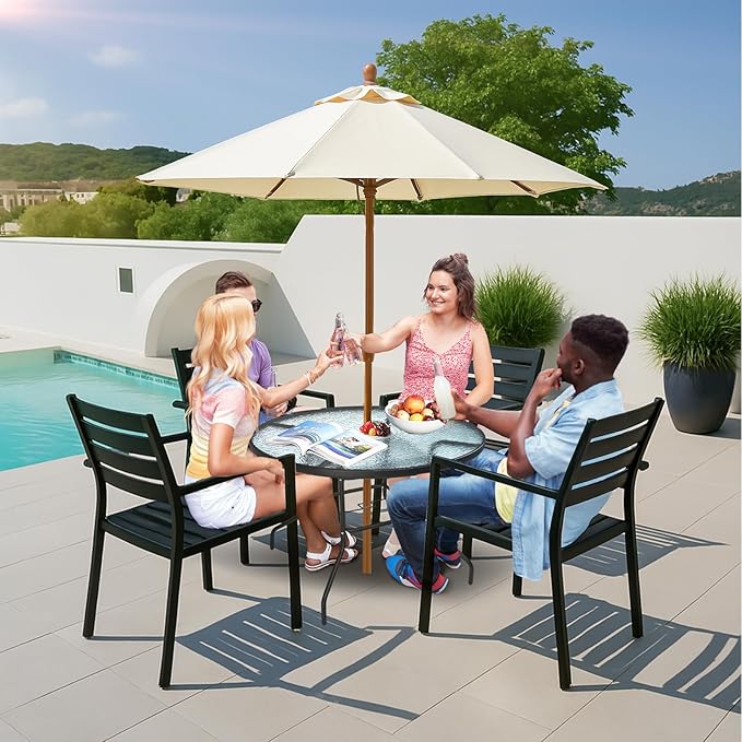 VINGLI Round Patio Table with Umbrella Hole, 40" Outdoor Dining Table Steel Tempered Glass Patio Tables Round Outdoor Tables for Balcony Garden Deck