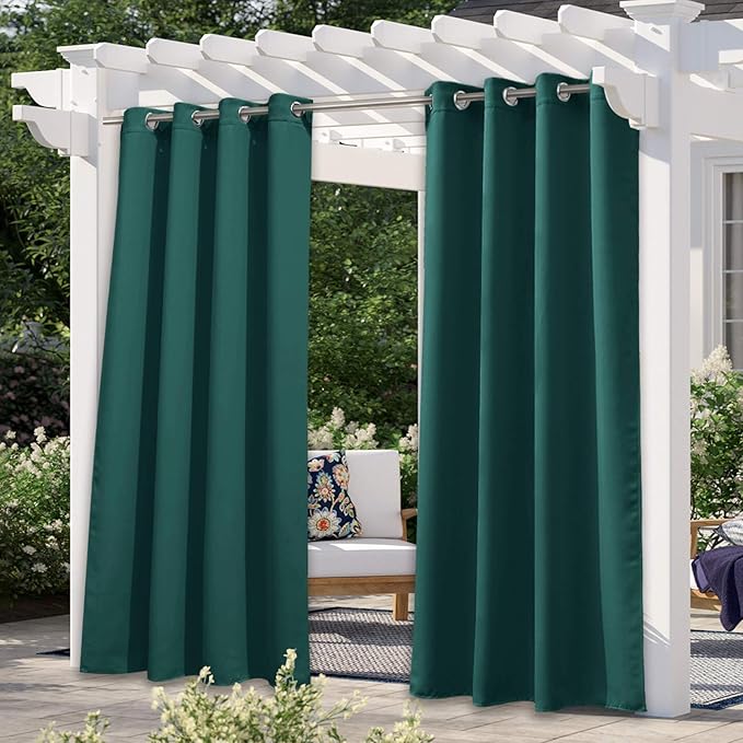 NICETOWN Outdoor Curtain Panel for Patio Waterproof, Stainless Steel Silver Grommet Thermal Insulated Blackout Outdoor Blinds Drape for Patio/Front Porch, W52 x L108, Hunter Green, 1 Panel