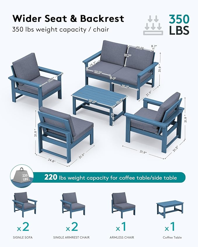 SERWALL HDPE Patio Conversation Set, 6-piece Sectional Outdoor Furniture Set, All Weather Outdoor Couch Set Patio Furniture Set for Deck, Lawn, Blue Frame with Grey Cushion