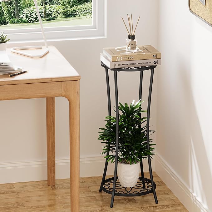 YINMIT Plant Stand Indoor Outdoor, 2 Tier Metal Potted Holder Rack, Flower Pot Stand Shelf, Heavy Duty Round Supports Rack, Corner Plant Shelf for Balcony Garden Patio Living Room (Black-Iron)