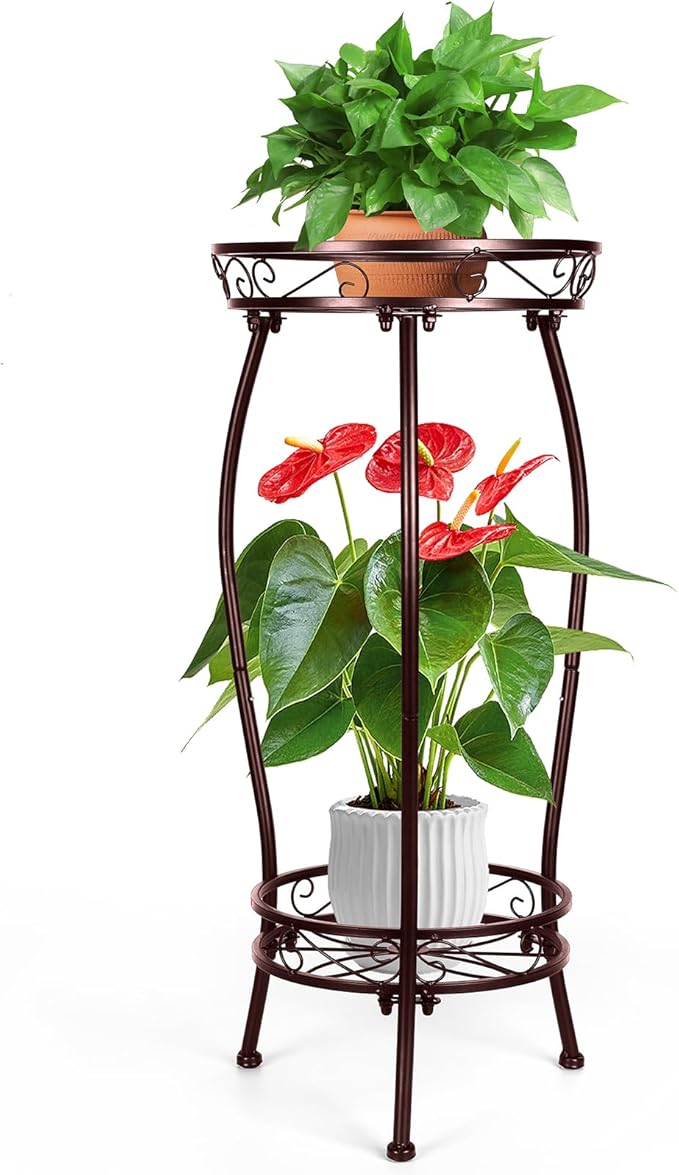 2 Tier Rustproof Iron Plant Stand - Heavy Duty Outdoor Plant Stands For Patio, Balcony Or Garden Or Planter Corner - Plant Stand Indoor (Bronze)
