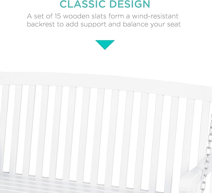 Best Choice Products 48in Wood Porch Swing Outdoor Patio Hanging Bench Chair Furniture for Deck, Garden, Yard w/Mounting Chains, Curved Back Design, 500lb Weight Capacity - White