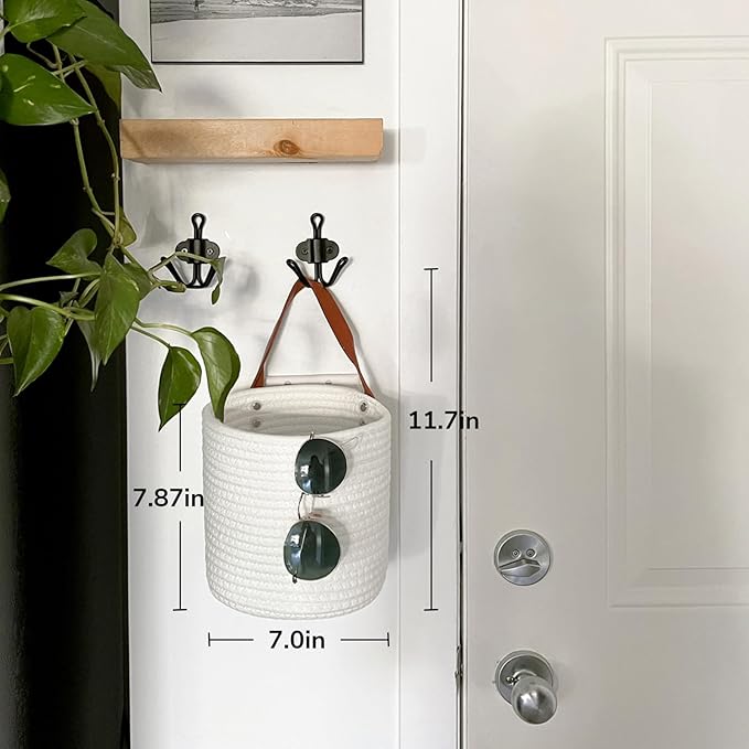 Goodpick 2pack Rope Hanging Basket - Small Round Hanging Baskets Storage for Key, Sunglasses, Wallet on Door - Modern Woven Baskets Wall Decor for Plant, White Cotton Basket 7.87 x 7 x 11.7 inches