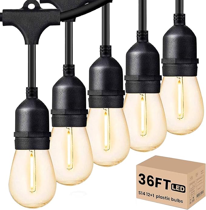 Svater Outdoor Led String Lights 36 FT, Patio Lights for Outside with 13pcs S14 Shatterproof Bulbs, 1 Watt E26 Dimmable, IP65 Waterproof, Commercial Grade Bistro Light 2700K Warm White