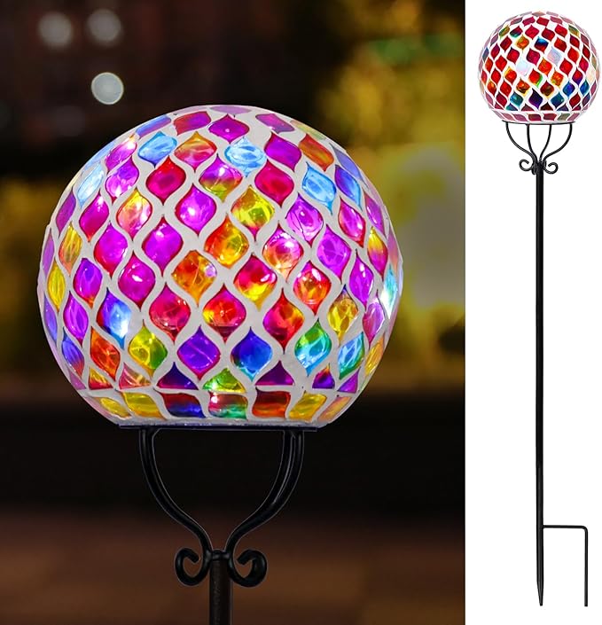 VCUTEKA Solar Outdoor Lights Garden Decor Mosaic Solar Garden Lights Waterproof Glass Ball LED Pathway Stake Light for Landscape Lawn Patio Yard Decoration 6 inch, Red