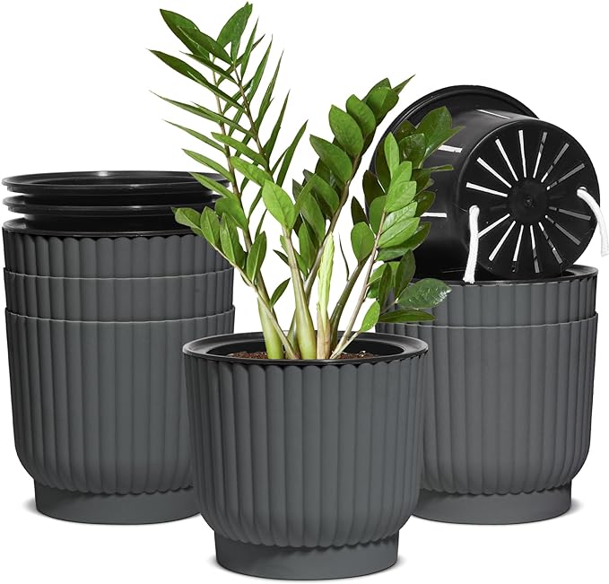 T4U 6 Inch Self Watering Pots for Indoor Plants, 6 Pack Plant Pots, Self Watering Planter for Indoor Plants, Durable Plastic Pots, Flower, Succulents (6 Pack, 6", Gray)