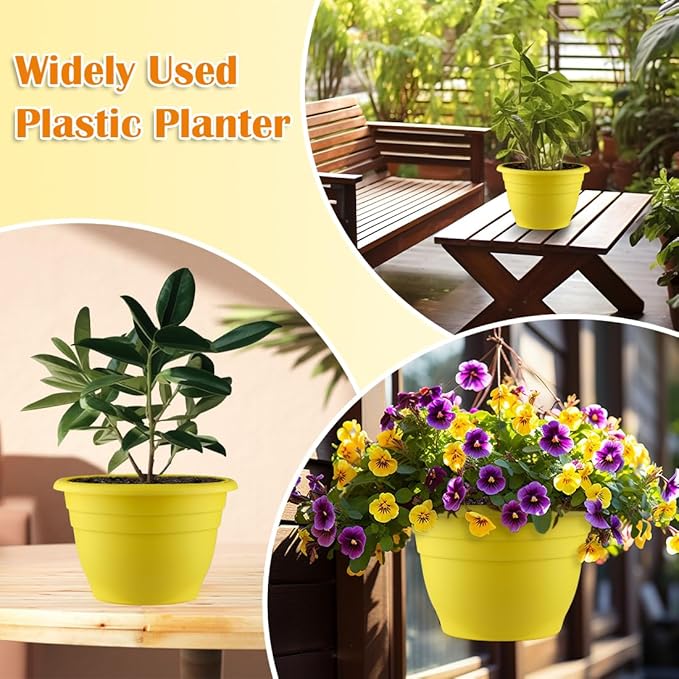 11 Inch Plant Pots Set of 3,Plastic Planters with Drainage Holes & Removable Plugs,Indoor Outdoor Flower Pots for Plants,Herbs, Succulents,Durable Lightweight(Yellow)