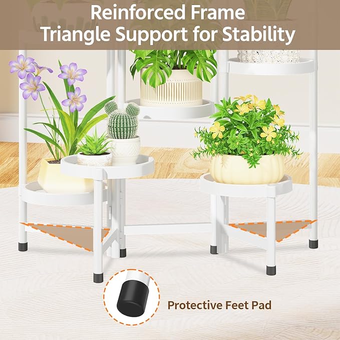 LASZOLA 8 Tiered Folding Plant Stand Indoor for Multiple Large Planter, Tall Heavy Duty Adjustable Rack with Rust Proof Plastic Shelving, Sturdy Vertical Tree Organizer for Narrow Inside Floor, White