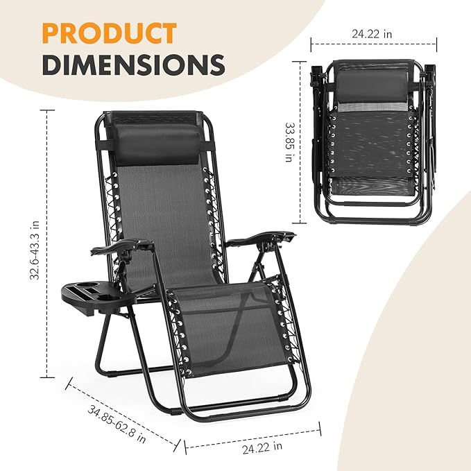 NEWBULIG Zero Gravity Chair Set of 2, Lounge Chair Folding Portable Adjustable Camping Reclining Chairs with Adjustable Pollow, Mesh Back, Cup Holder Trays Lawn Patio Chair for Pool Beach - Black