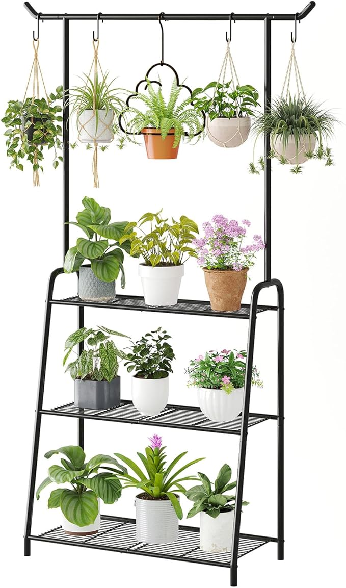 Metal Plant Stand Indoor Outdoor, 3 Tier Tall Corner Plant Shelf, Hanging Flower Ladder for Living Room, Balcony, Garden, Patio (Black)