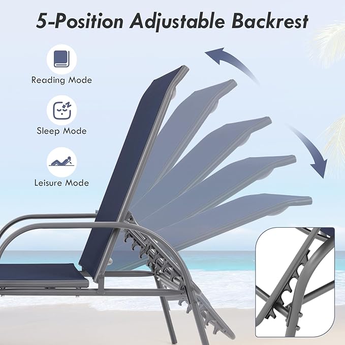Giantex Patio Lounge Chair, Outdoor Chaise Lounge with 5 Adjustable Backrest, Sturdy Steel Frame, Sunbathing Recliner, Tanning Chair for Beach, Outside, Yard, Balcony, Pool Chairs, Navy