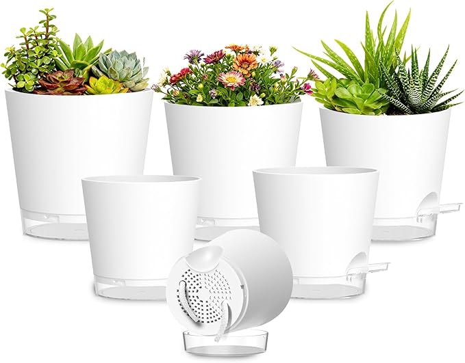 Plant Pots 4/5/5.5/6/6.5/7 Inch Self Watering Pots, 6 Pack Plastic Planters with Drainage Holes and Clear Saucers,Plastic Flower Pots,Nursery Planting Pot for Indoor Out Door Plants(White)
