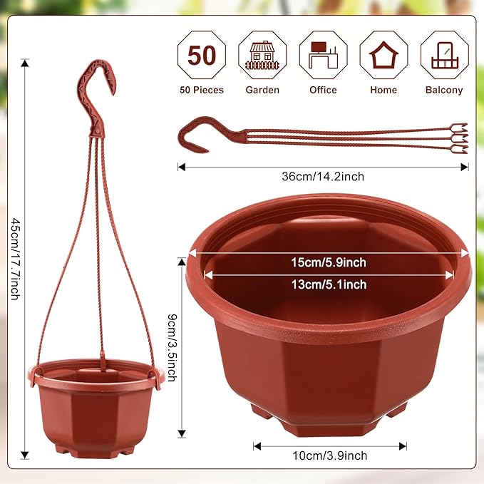 Roshtia 50 Pcs 5.9 inch Plastic Hanging Plant Pots with Hooks Flower Pots Baskets Outdoor Hanging Nursery Planter Holder for Home Garden Balcony Porch(Brown, 5.9 inch)