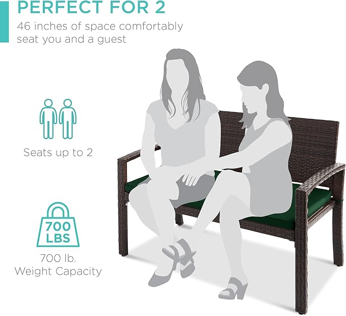 Best Choice Products Outdoor Bench 2-Person Wicker Garden Patio Benches Seating Furniture for Backyard, Porch w/Seat Cushion, 700lb Capacity - Midnight Green/Brown
