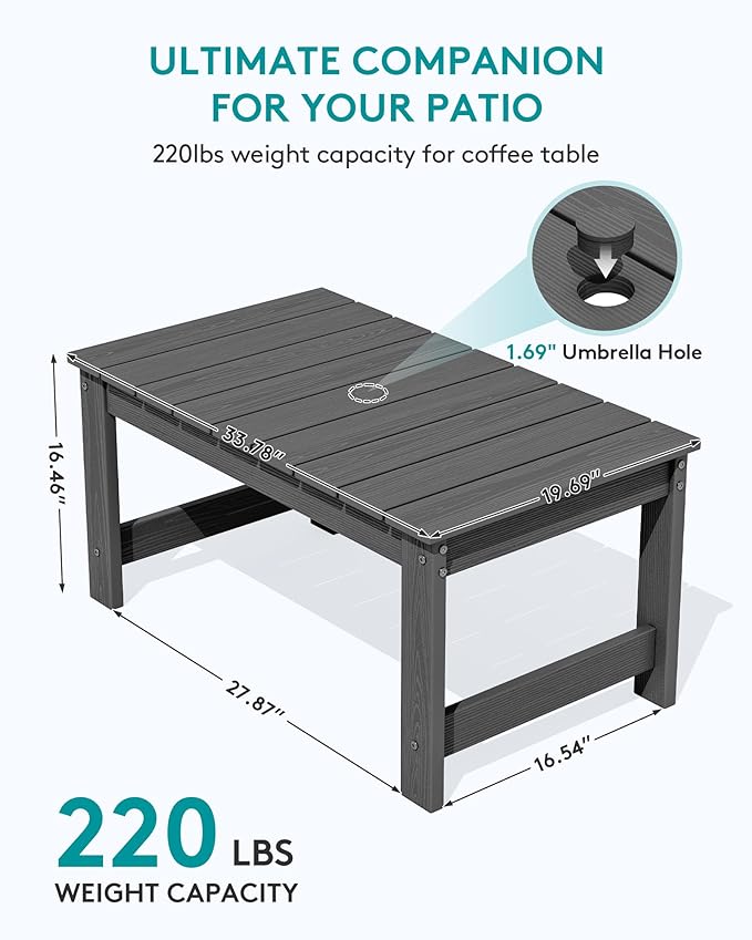 SERWALL Outdoor Coffee Table with 9FT Umbrella, HDPE Patio Coffee Table for Outside, Rectangle, Gray(Not Include Umbrella Base)