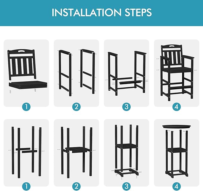 Ciokea 3-Pcs Bistro Table and Chairs, All-Weather Round High Top Bar Table with Storage Shelf and 2 Oversized Adirondack Chairs, Heavy Duty Outdoor Bar Set Patio Bistro Set for Balcony Deck, Black