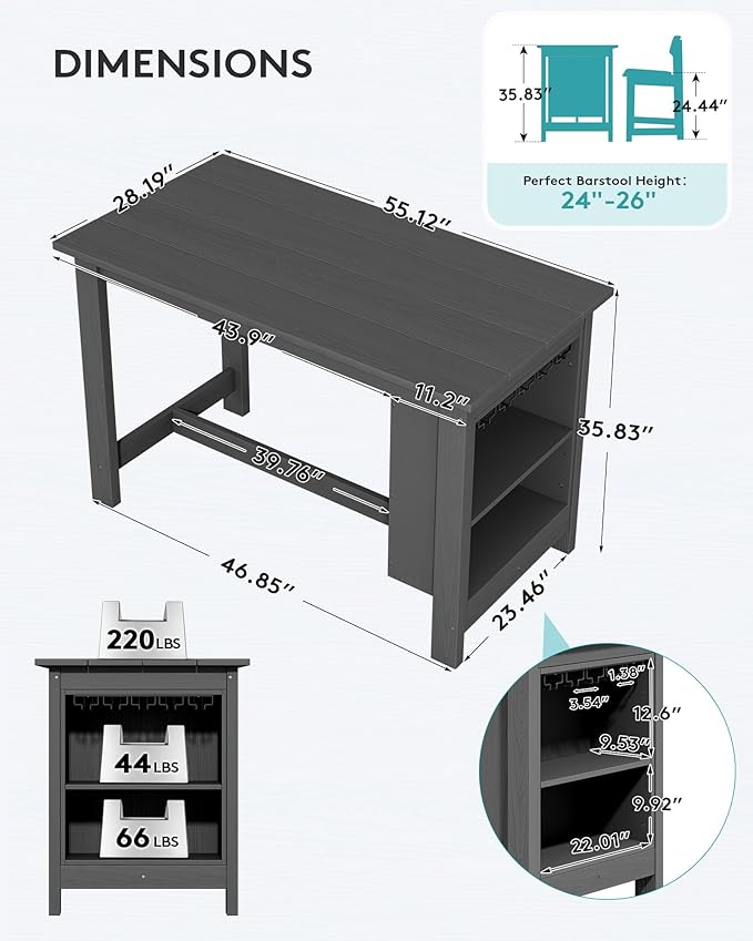 SERWALL Outdoor Bar Table, All Weather HDPE 36" Counter Height Dining Table with Storage and Wine Rack for Patio, Garden, Backyard, Balcony, Poolside, Gray