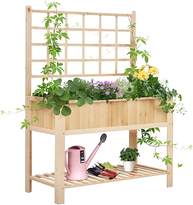 Outsunny 47'' Wooden Raised Garden Bed with Trellis, Coutryside Style Elevated Planter Box Stand with Open Storage Shelf, Spacious Planting Area for Vegetables, Herbs, Flowers